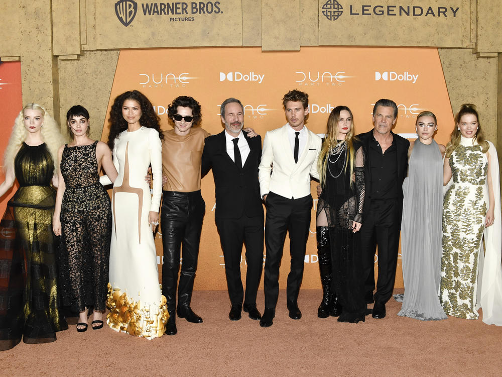 Anya Taylor-Joy, from left, Souheila Yacoub, Zendaya, Timothee Chalamet, Denis Villeneuve, Austin Butler, Rebecca Ferguson, Josh Brolin, Florence Pugh and Lea Seydoux attend the premiere of <em>Dune: Part Two</em> at Lincoln Center Plaza on Sunday, Feb. 25, 2024, in New York.