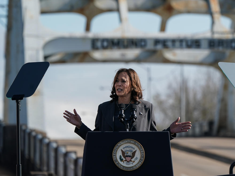 U.S. Vice President Kamala Harris speaks on the 59th commemoration of 