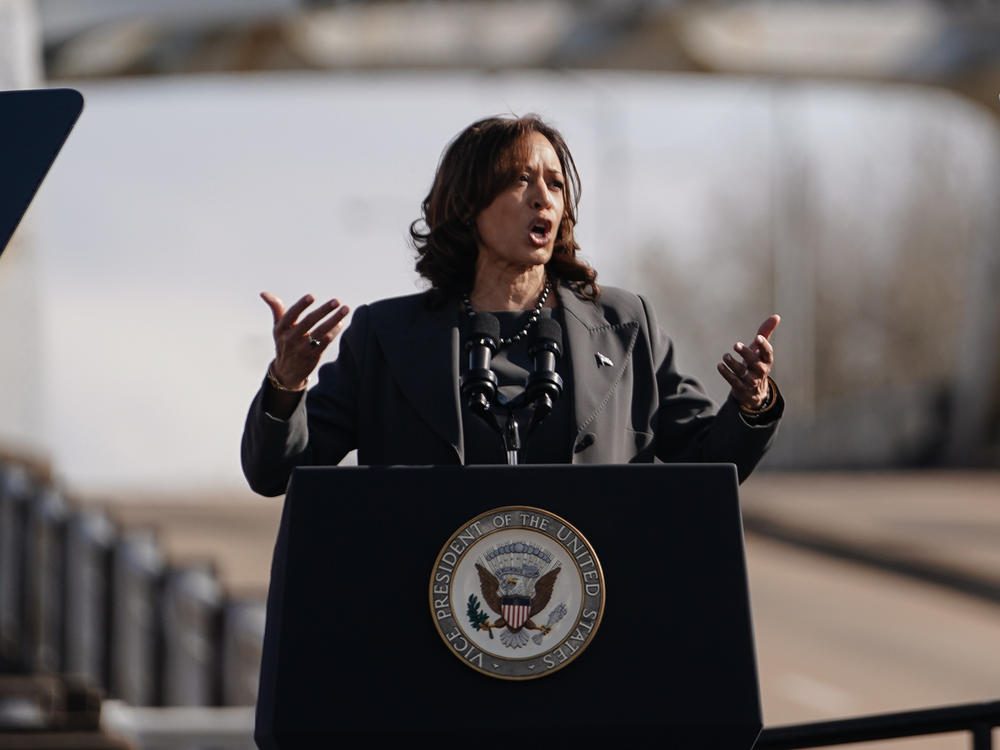 Vice President Kamala Harris speaks on the 59th commemoration of the Bloody Sunday Selma bridge crossing on Sunday in Selma, Ala. Harris called for an 