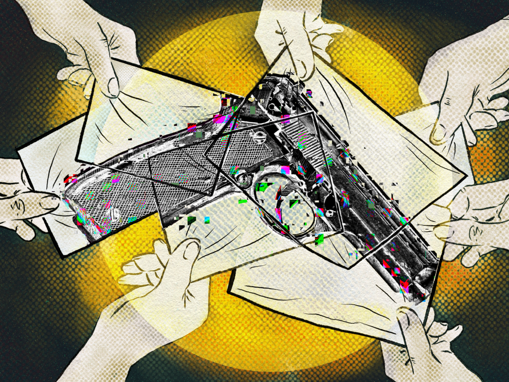 A digital illustration of a circle of hands extending from the edge of the image, each holding a sheet of paper. The papers overlap in the center and, like a puzzle, come together to reveal a drawing of a handgun.