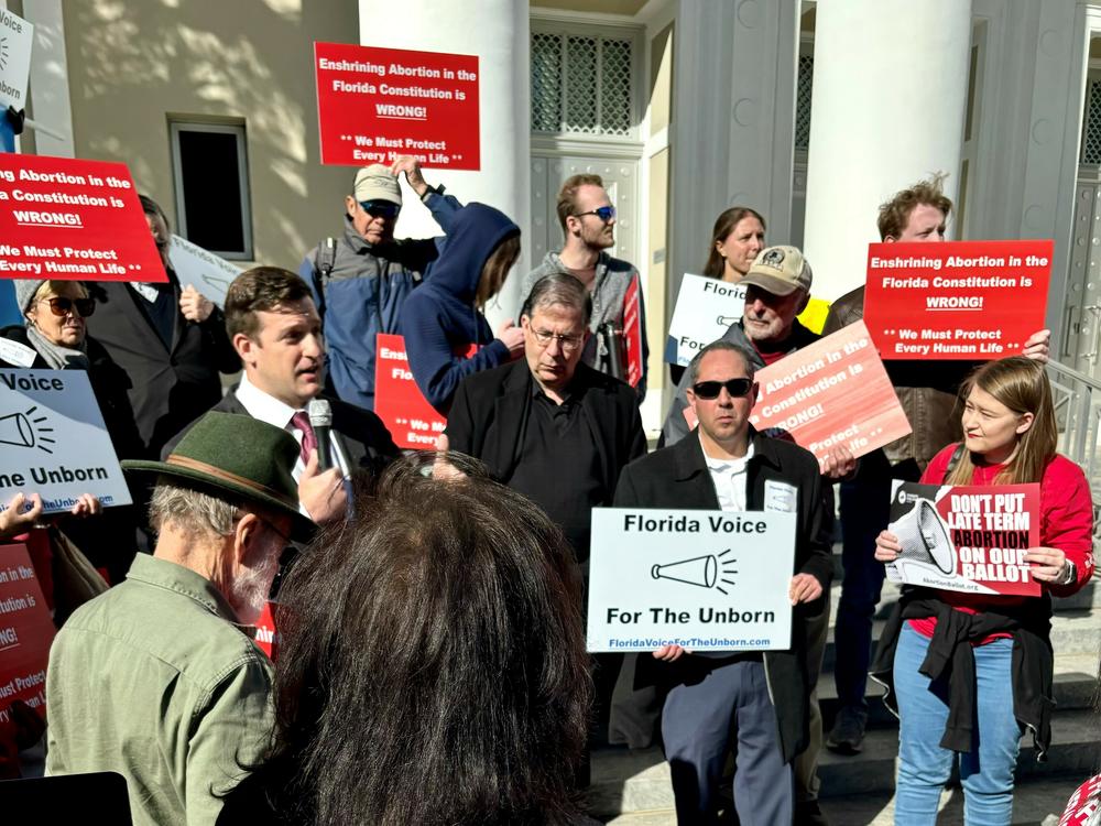 Andrew Shirvell (center in sunglasses) is founder of the anti-abortion group Florida Voice for the Unborn. He's standing on the steps of the Florida Supreme Court protesting abortion access. He said if Florida passes a bill letting parents collect damages for the loss of a pregnancy it would give abortion opponents another law to point to in the effort to establish fetal personhood in the state.