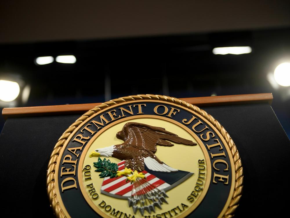 A view of a lectern at the Department of Justice in Washington, D.C., on April 18, 2019. A retired U.S. Army officer has been accused accused of leaking classified national defense information related to the Russia-Ukraine war on a foreign dating website.