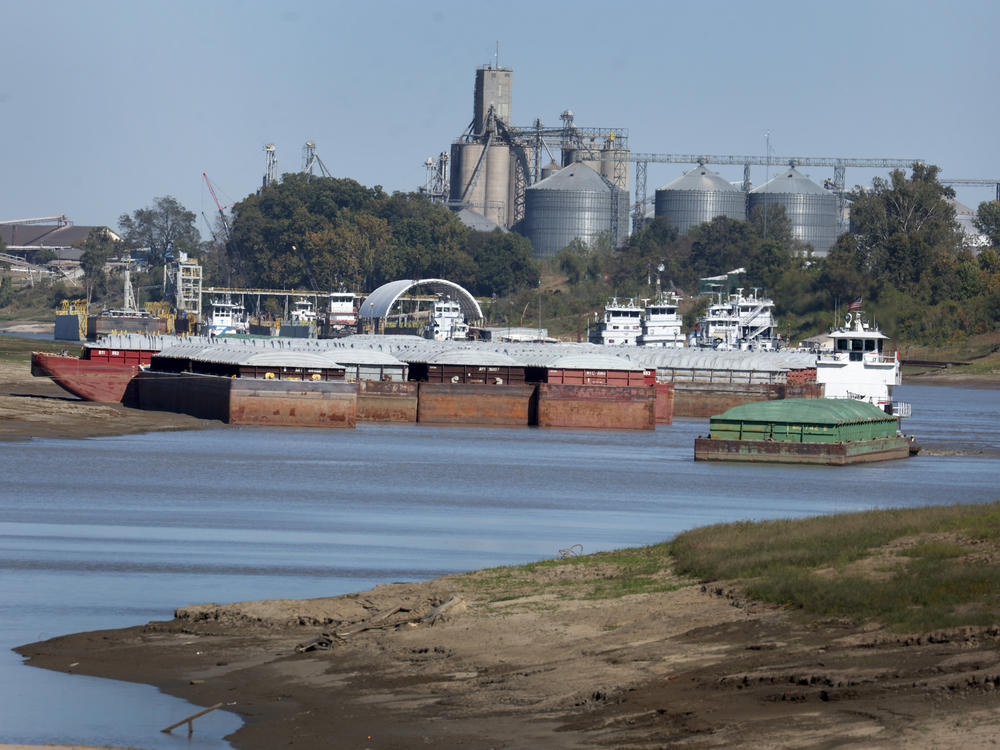 A tug pushes a barge onto the Mississippi River near Greenville, Mississippi, in October 2022. Low water levels wreaked havoc with barge traffic, driving up shipping prices and threatening exports. Scientists say high temperatures exacerbated by climate change made droughts more likely in the Northern Hemisphere in 2022.