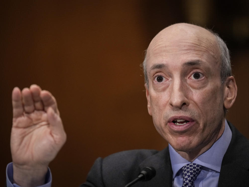 Gary Gensler, chair of the Securities and Exchange Commission, testifies during a Senate Banking Committee hearing on Capitol Hill in 2023.