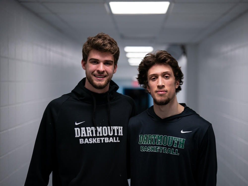 Cade Haskins #2 and Romeo Myrthil #20 of the Dartmouth Big Green, who led the  basketball team's unionization drive, pose for a photograph after their game against Columbia Lions in their NCAA men's basketball game on February 16, 2024 in New York City.