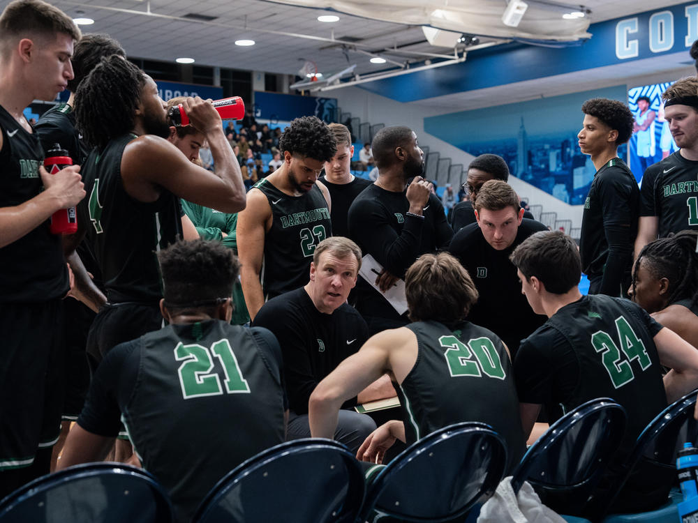 Dartmouth Big Green gather for a team talk during their game against Columbia Lions in their NCAA men's basketball game on February 16, 2024 in New York City.
