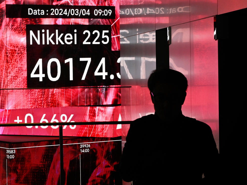 Stock markets from Tokyo to New York have rallied this year. Pictured is an electronic board displaying the level of the Nikkei index of the Tokyo Stock Exchange in Tokyo on March 4, 2024.