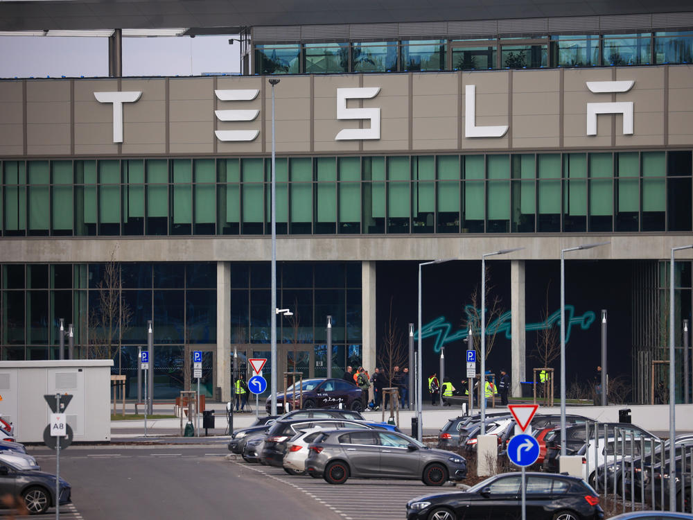 The Tesla Inc. Gigafactory in Grünheide, Germany, on Tuesday. The company halted production at its factory outside of Berlin and sent workers home after suspected arson at a nearby high-voltage pylon caused power failures throughout the region.