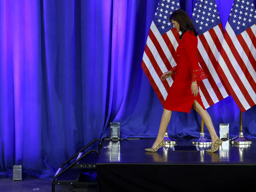 Republican presidential candidate and former U.N. Ambassador Nikki Haley walks off stage after announcing the suspension of her presidential campaign at her campaign headquarters on Daniel Island, South Carolina. Haley's announcement comes after losing all GOP primaries except Vermont on Super Tuesday.