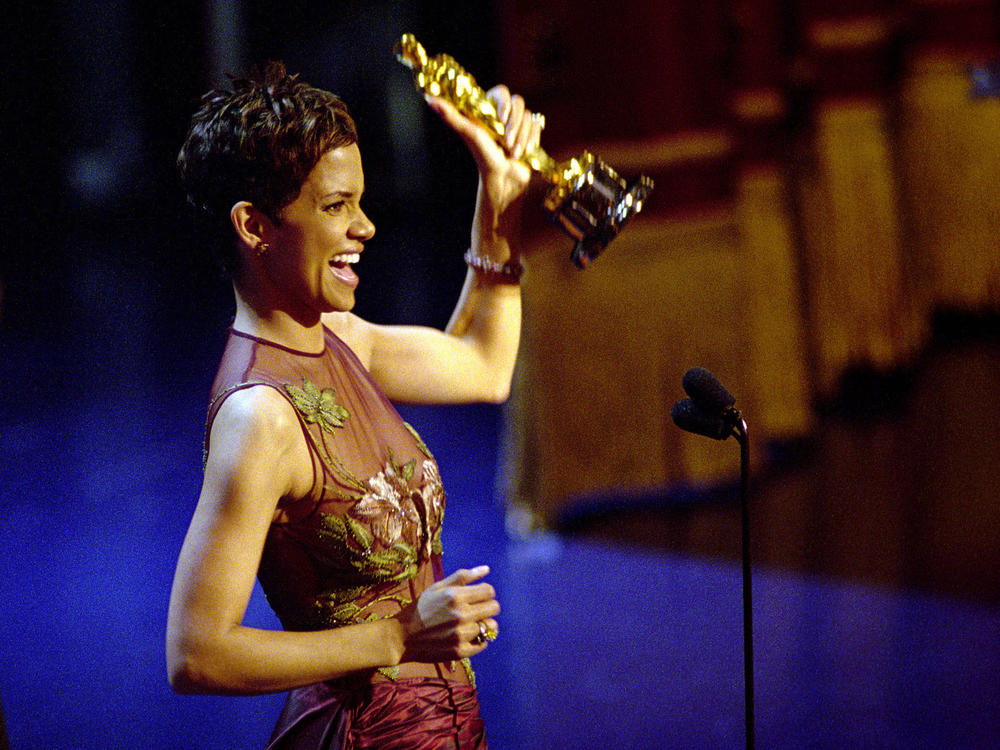Halle Berry accepts the Academy Award for Best Actress at the 74th Annual Academy Awards in 2002.