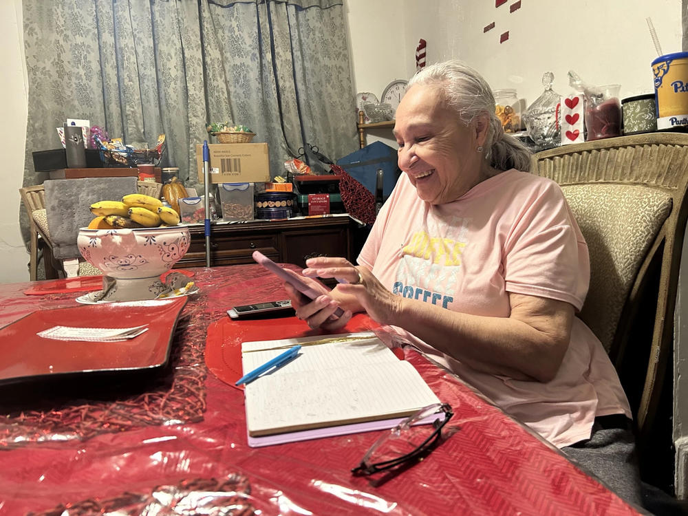 Kathryn Sellers makes calls to families on Wednesday, Feb. 14. Sellers is part of a program that provides students at Pittsburgh Arlington school with free van rides to and from school each day, as well as caring nanas who check in with families daily.