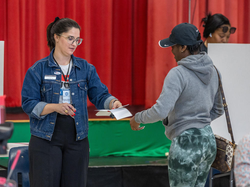 Poll workers assist voters on Super Tuesday at the First Ward Creative Academy, Mecklenburg County Precinct 13 on Tuesday in Charlotte, N.C.