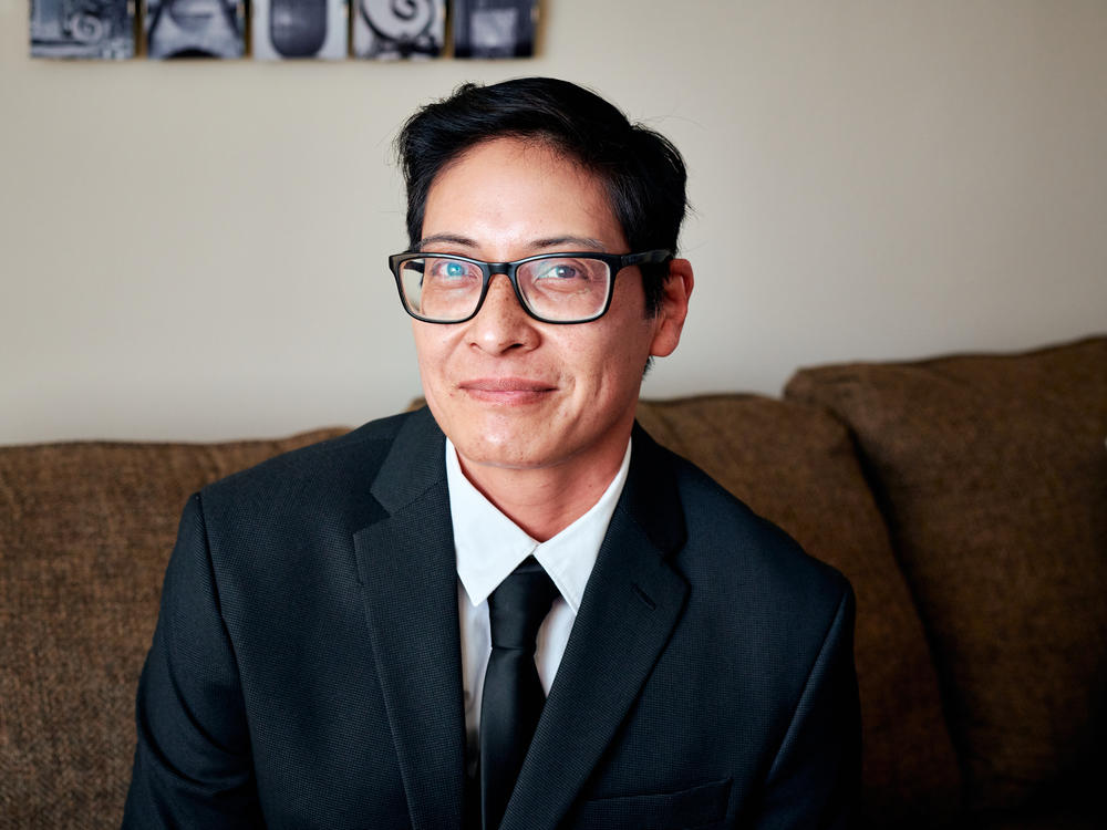 Portrait of Patrick Buenaventura wearing their award ceremony attire at Bernie's house in Cranford, NJ, on Monday, Feb. 19, 2024.