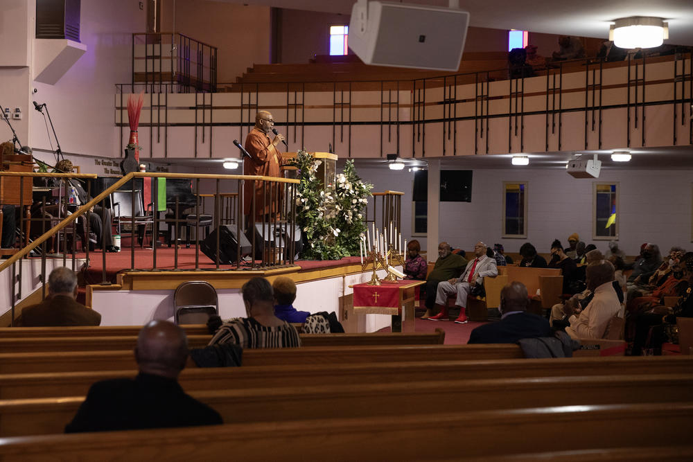 Reverend Kenneth James Flowers, Senior Pastor of Greater New Mt. Moriah Missionary Baptist Church speaks to the congregation on Sun., Feb. 25, 2024 in Detroit, Michigan.