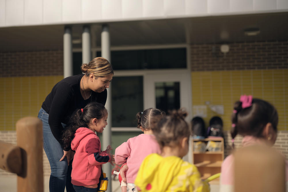 Head Start teacher Stephanie Perez, 23, leads a classroom full of 2-year-olds on San Antonio College's campus. She was once a student at the college, working toward her certificate in early childhood education.