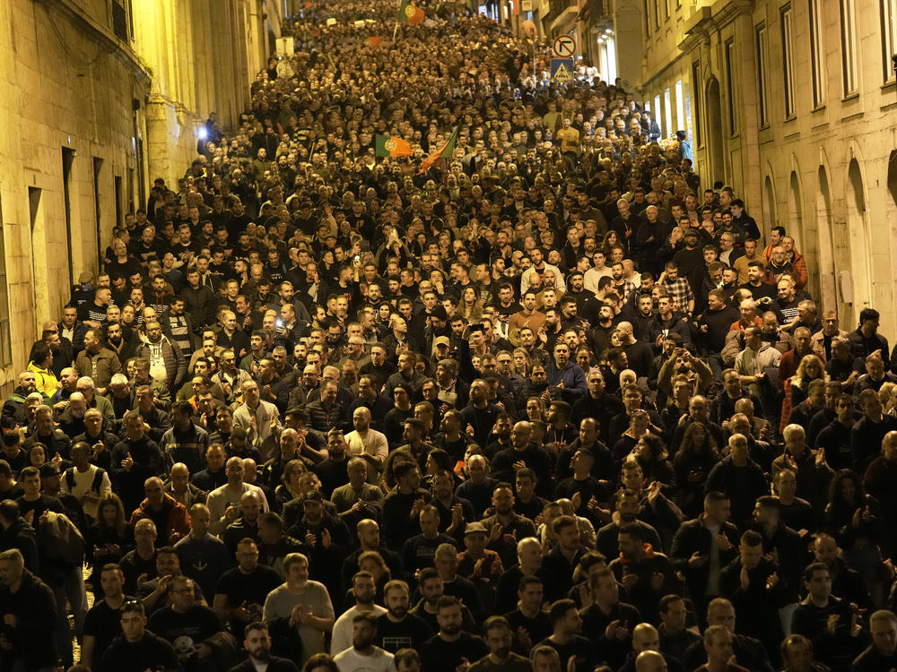 Thousands of demonstrators attend a protest by police professional associations demanding better salaries and work conditions in Lisbon, Jan. 24, 2024.
