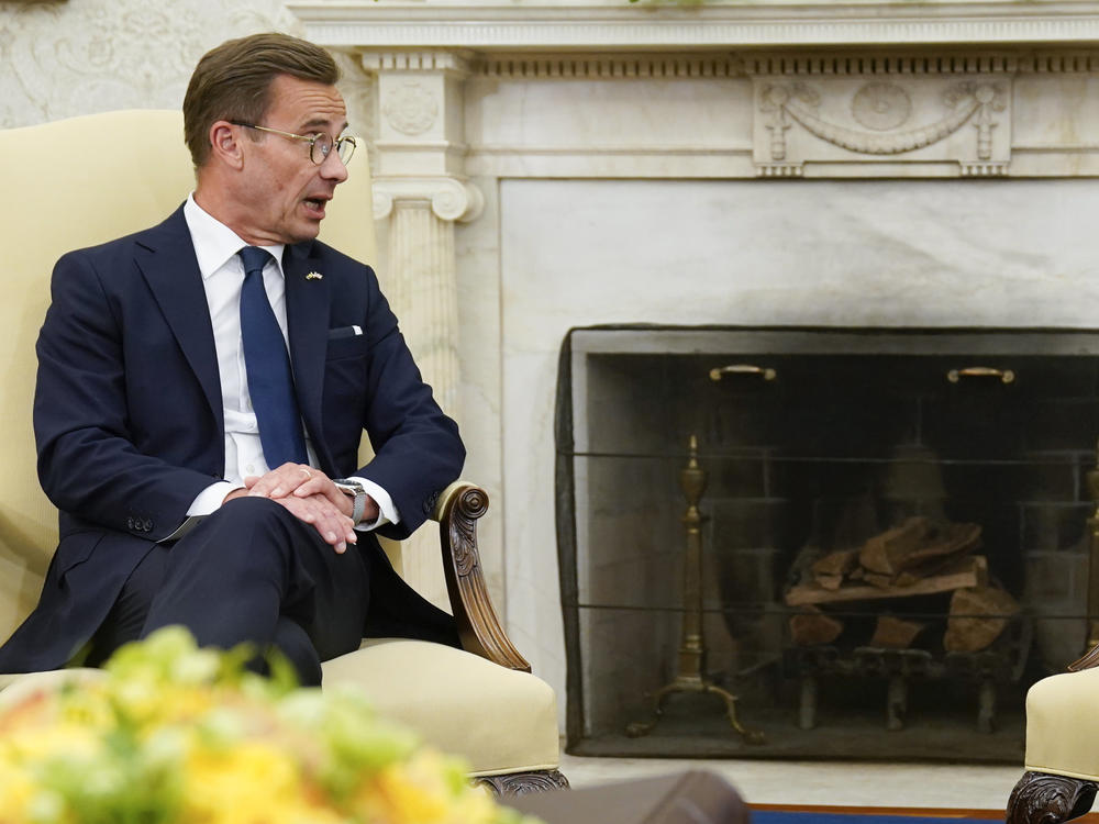 President Biden (right) meets with Swedish Prime Minister Ulf Kristersson in the Oval Office on July 5, 2023, in Washington. Sweden has formally joined NATO as the 32nd member of the transatlantic military alliance.