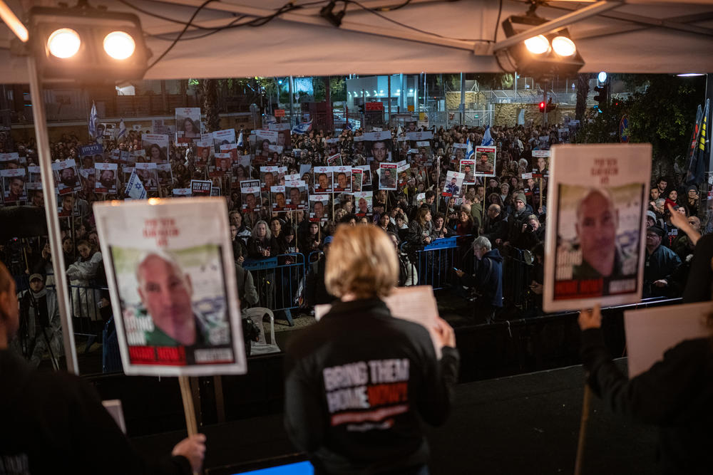 Carmit Palty Katzir speaks at a weekly rally in Tel Aviv, calling for the immediate release of the hostages being held in Gaza, Feb. 17.