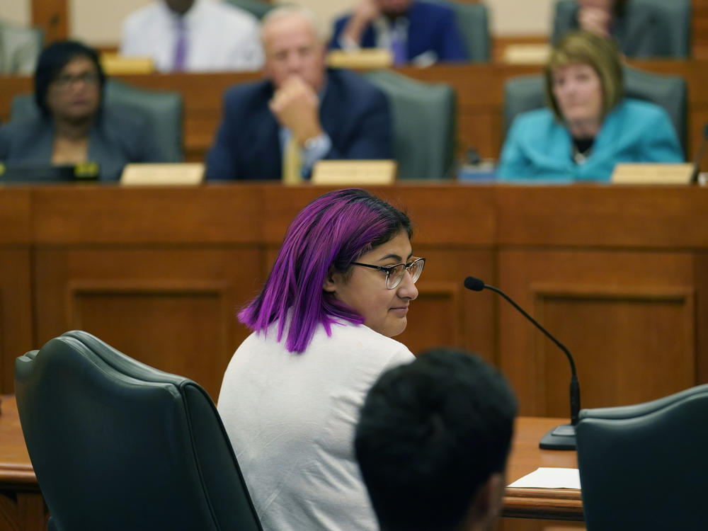 Jazmin Cazares, whose sister was was one of 19 children killed at Robb Elementary School in Uvalde, Texas, speaks at a hearing in Austin on June 23, 2022.
