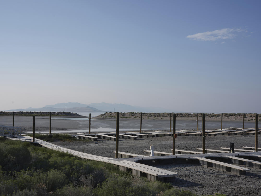An empty boat harbor sits on the receding waters of the Great Salt Lake near Antelope Island in 2021.