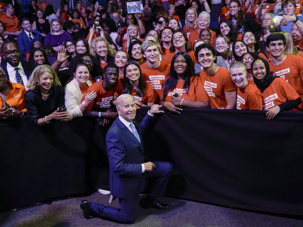 In this file photo, President Biden poses for a photo with the Students Demand Action group after speaking at the National Safer Communities Summit at the University of Hartford in West Hartford, Conn., June 16, 2023. Young voters could be key to Biden's reelection prospects as he campaigns for a second term.