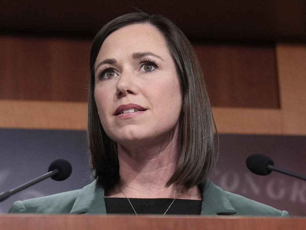 Sen. Katie Britt, R-Ala., speaks during a news conference on the border on Feb. 15, 2023, on Capitol Hill in Washington. Britt delivered the Republican response to President Biden's State of the Union address on Thursday.