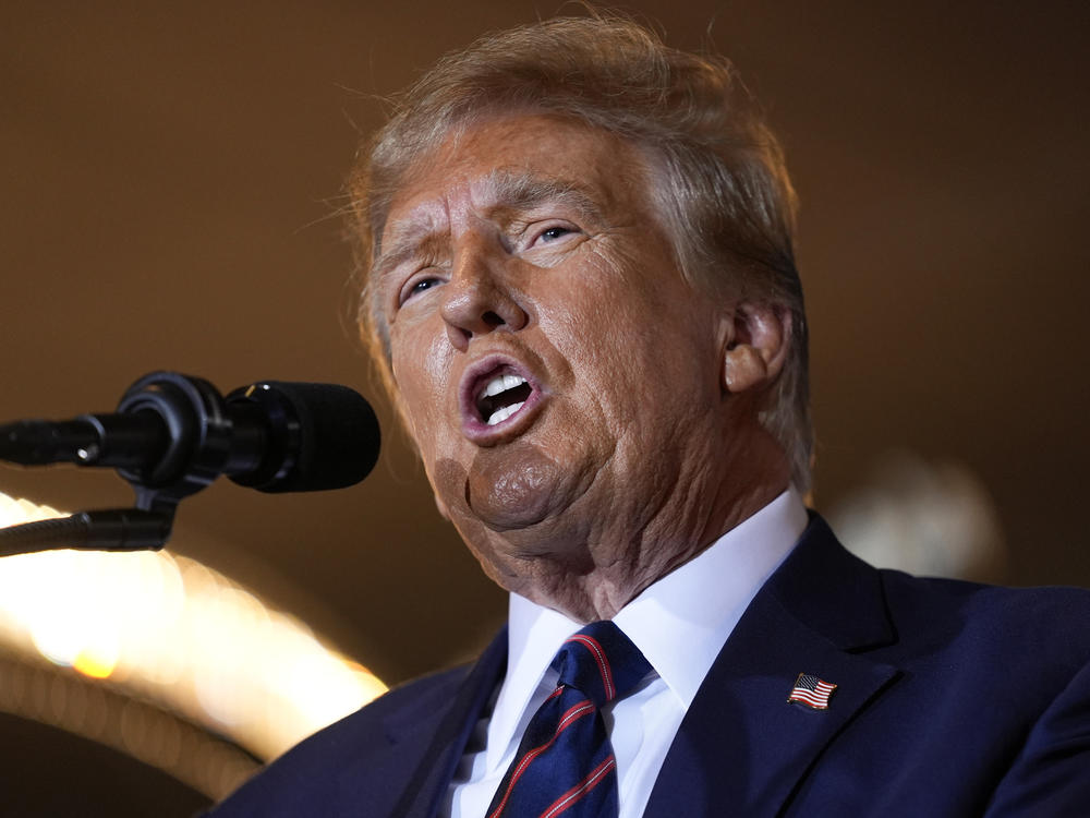 Republican former President Donald Trump speaks at a primary election night party in January in Nashua, N.H.