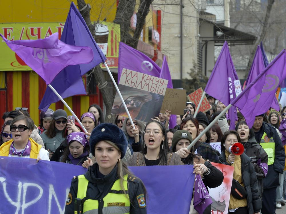 Women march on International Women's Day in Bishkek, Kyrgyzstan.