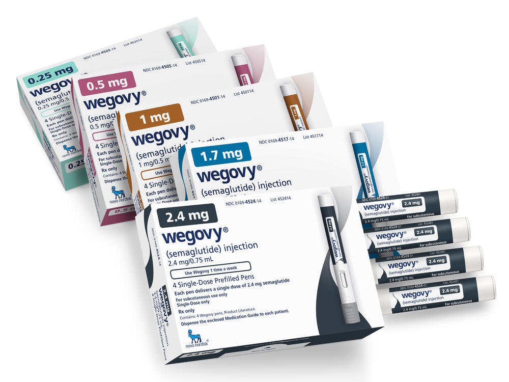 This image provided by Novo Nordisk in January 2023 shows packaging for the company's Wegovy medication. The popular weight-loss drug can now be used to reduce the risk of stroke, heart attacks and other serious cardiovascular problems in patients who are overweight or who have obesity, the Food and Drug Administration said Friday.