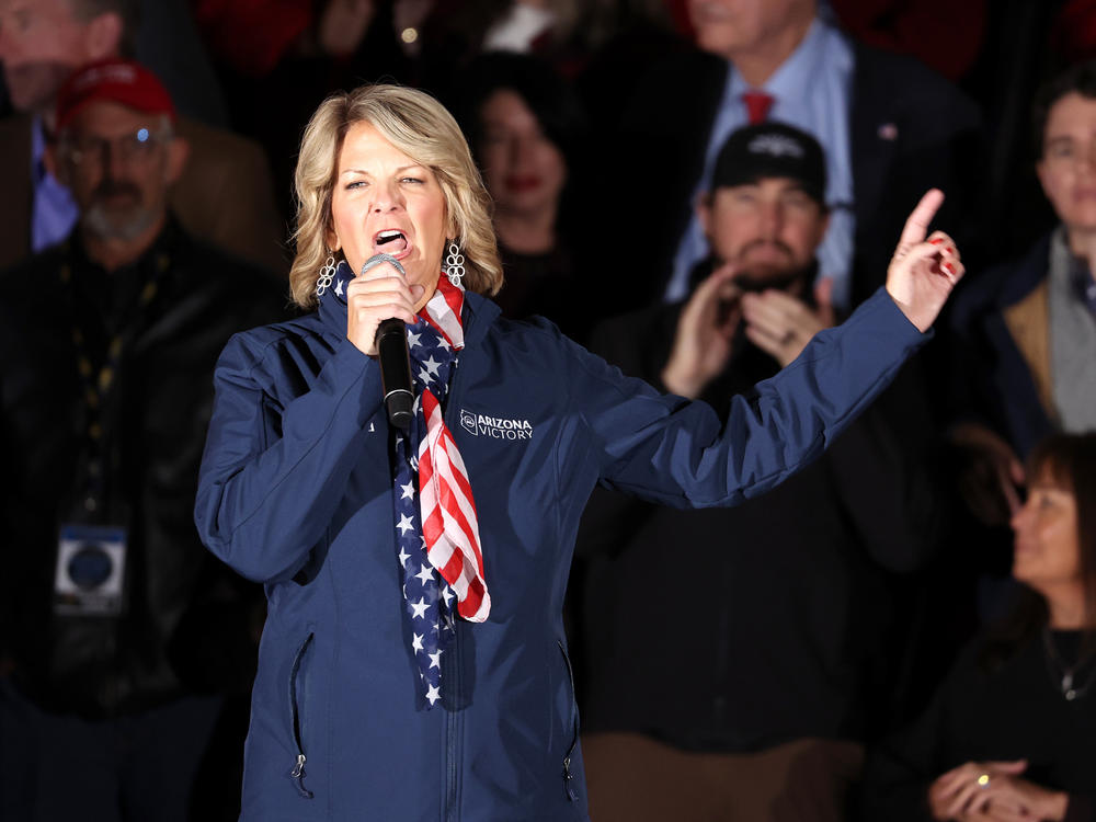 Then-Arizona Republican Party Chair Kelli Ward is seen at a rally on Nov. 7, 2022 in Prescott, Ariz. Ward has now been indicted on state charges for her role as a so-called 