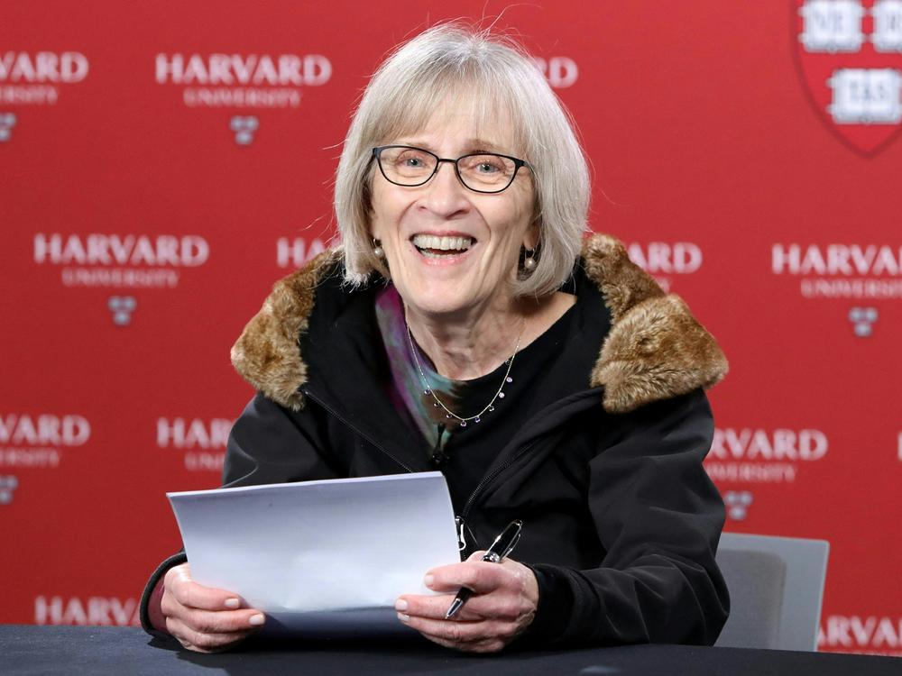 Economist Claudia Goldin, who was awarded the Nobel Prize in economics, talks to the press at Harvard University in Cambridge, Mass., on Oct. 9, 2023.