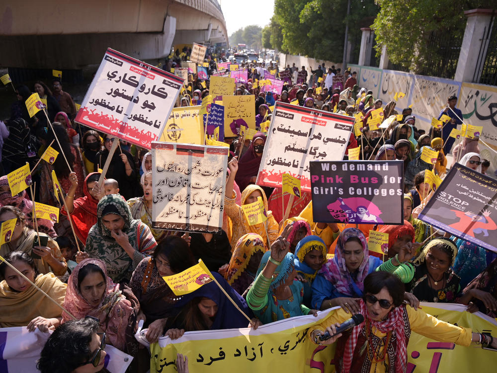 Activists take part in a march on for International Women's Day in Hyderabad, Pakistan.