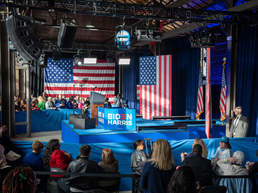 Supporters arrive for a campaign event in Atlanta for President Biden on Saturday.