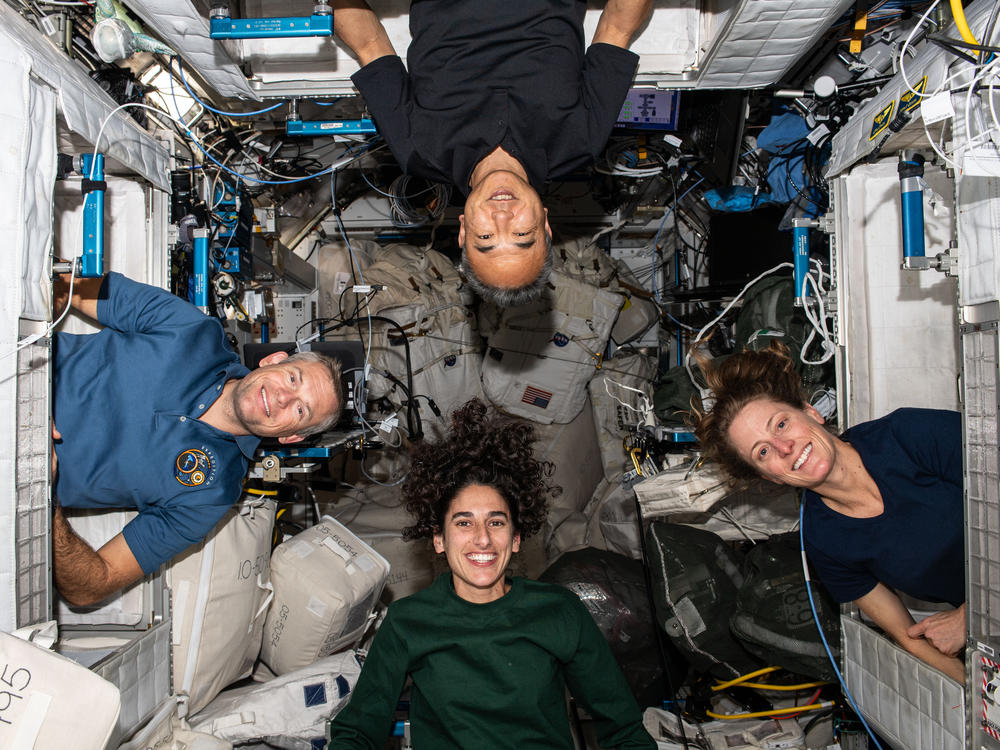 The four members of NASA's Crew-7 mission pose for a portrait inside their crew quarters on the International Space Station. Clockwise from bottom are, astronauts Jasmin Moghbeli, Andreas Mogensen, Satoshi Furukawa, and Loral O'Hara. The SpaceX Crew Dragon capsule splashed down at 5:48 a.m. ET on Tuesday, March 12, 2024 to end a six-month mission.