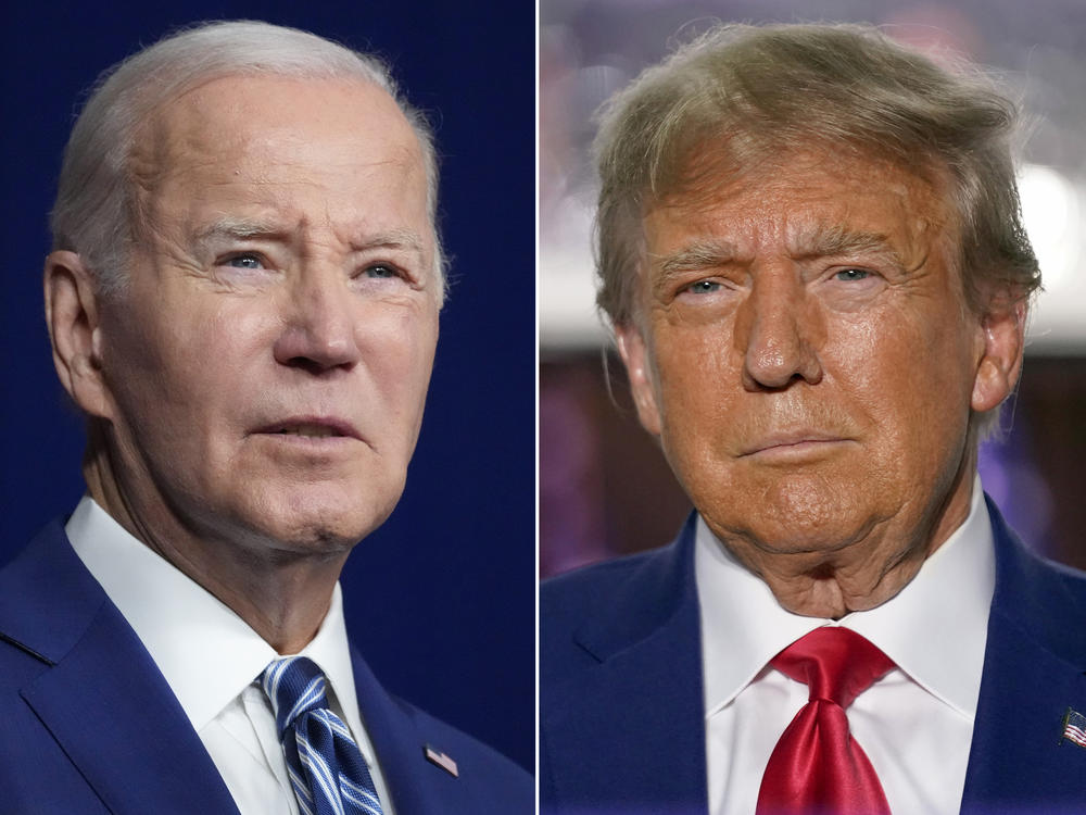 In this combination of photos, President Joe Biden, left, speaks on Aug. 10, 2023, in Salt Lake City, and former President Donald Trump speaks on June 13, 2023, in Bedminster, N.J. The 2024 general election campaign will pick up Saturday, March 9, where the 2020 contest left off.