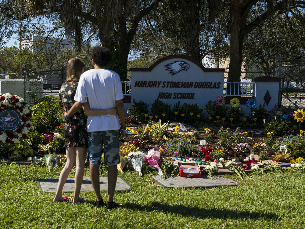 The memorial at Marjory Stoneman Douglas High School in Parkland, Fla., on Feb. 14, 2023. Five years earlier, 14 students and 3 staff members were killed in a mass shooting at the school.