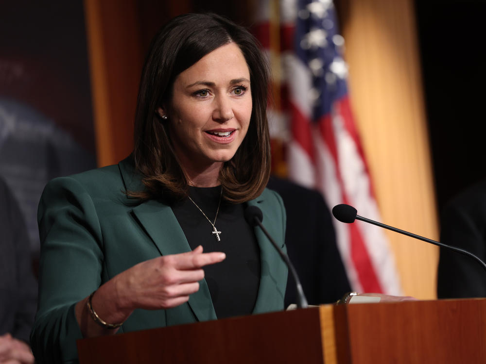 Alabama Sen. Katie Britt speaks at a press conference at the U.S. Capitol on December 7, 2023. Britt delivered the Republican response to President Biden's State of the Union address on Thursday.