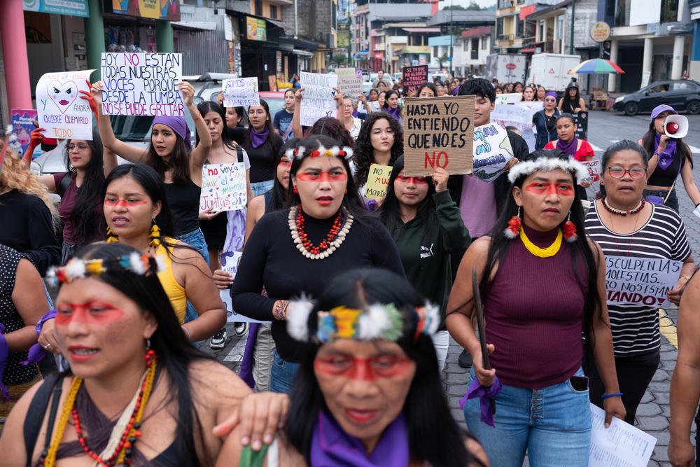 Indigenous women take part in the march in Puyo, Ecuador on March 8, 2024.