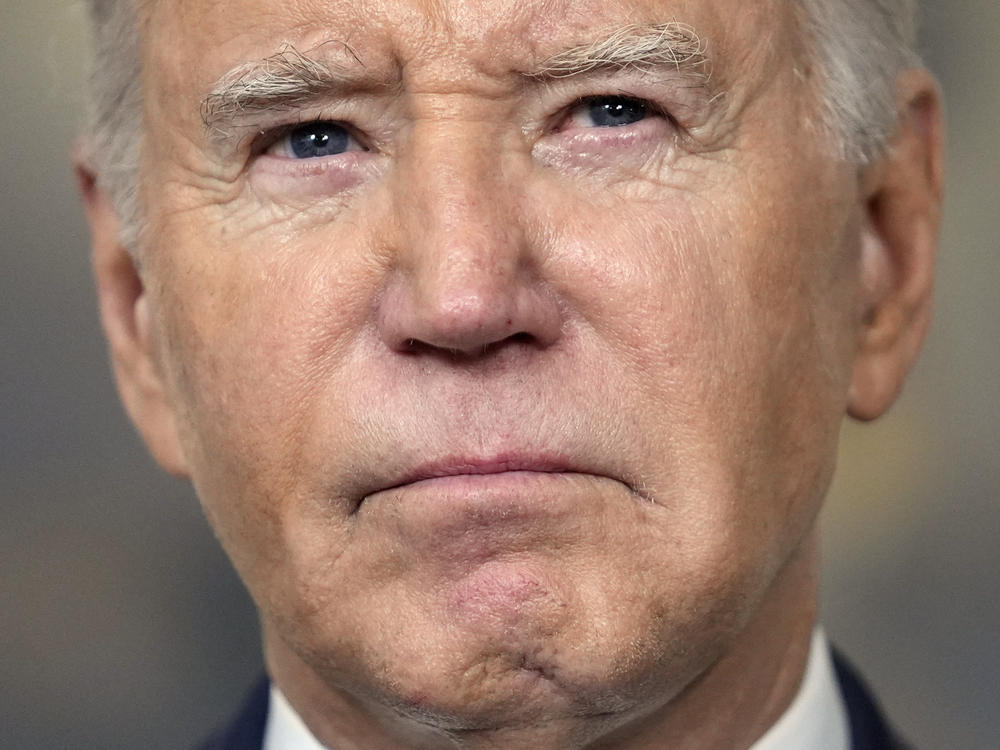 President Biden speaks to reporters about the special counsel report on his handling of classified documents in the Diplomatic Reception Room of the White House on Feb. 8.