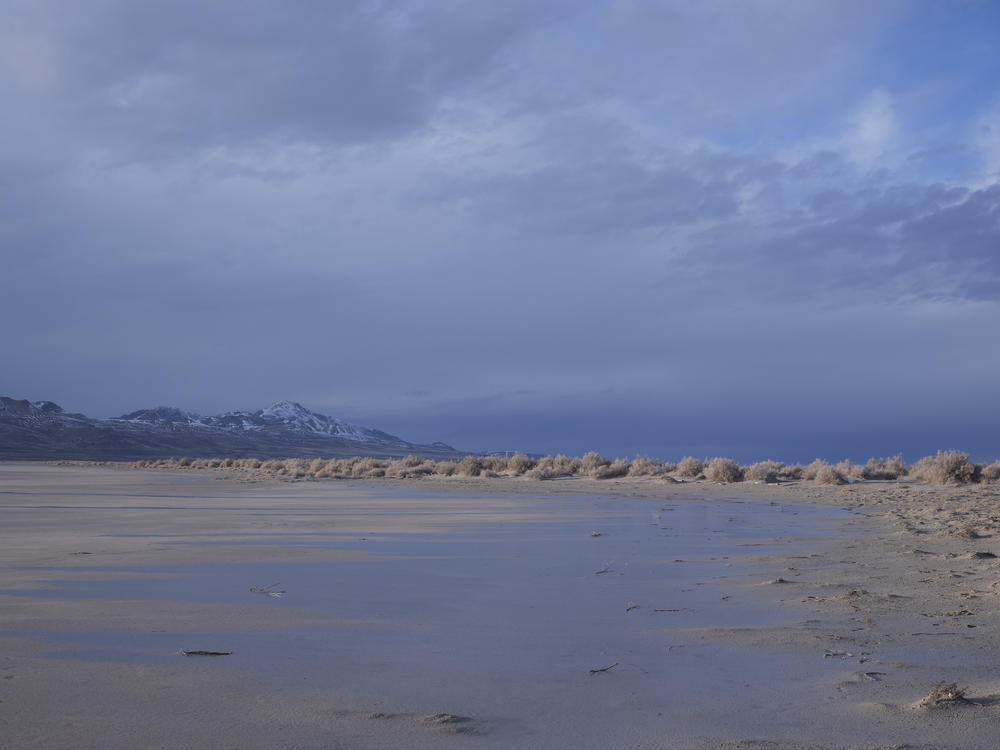 Receding water in Utah's Great Salt Lake is seen on March 5. Environmentalists are suing the state to force water cutbacks to farmers to save the Great Salt Lake.