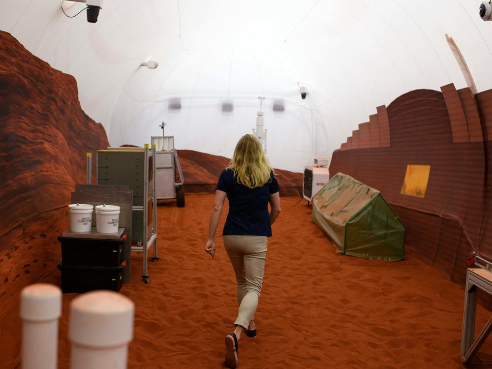 Inside a simulated Mars exterior portion of the CHAPEA's Mars Dune Alpha at the Johnson Space center in Houston, Texas in April 2023.