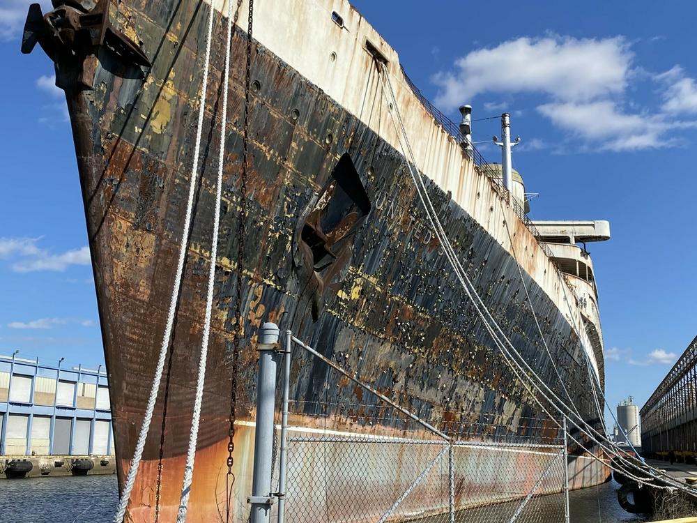 The SS <em>United States</em> has been at Pier 82 in south Philadelphia for more than 25 years The elements have taken a toll on the vessel. The giant ship looms large over south Philly and can be seen from nearby I-95.