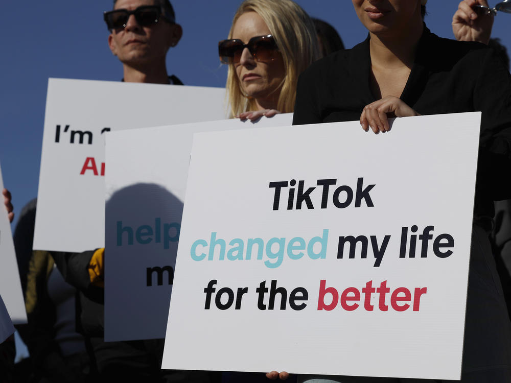 Participants hold signs in support of TikTok at a news conference outside the U.S. Capitol on March 12, 2024, in Washington, D.C. House Democrats and TikTok creators and business owners held the news conference to express concerns over House GOP legislation that would force the owners of the popular Chinese social media app to sell the platform or face a ban in the U.S.