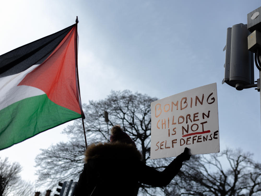 A member the group Mothers Against Genocide waves a Palestinian flag while holding a sign that reads 