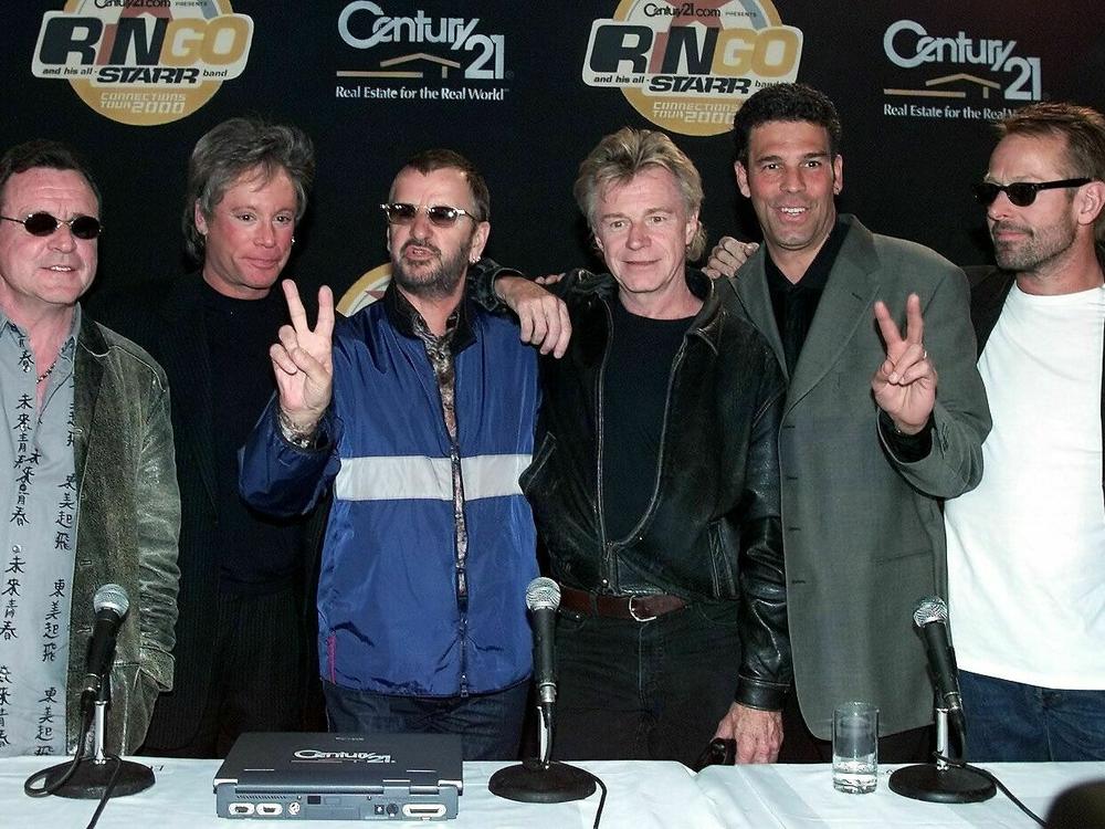 Former Beatles drummer Ringo Starr poses with members of the sixth incarnation of the All-Starr Band who are Jack Bruce, left, Eric Carmen, Ringo Starr, Dave Edmunds, Mark Rivera and Simon Kirke during a press conference in May 2000.