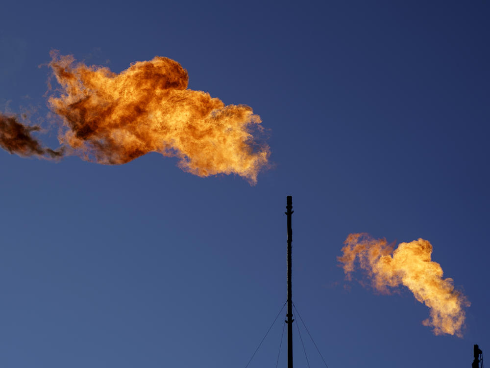 Flares burn off methane and other hydrocarbons at an oil and gas facility in Lenorah, Texas in 2021. New research shows drillers emit about three times as much climate-warming methane as official estimates.