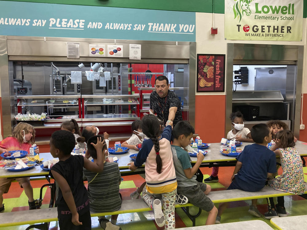 Students finish their lunch at Lowell Elementary School in Albuquerque, N.M., on Aug. 22, 2023. A legislative proposal would ban six artificial food dyes in California schools.