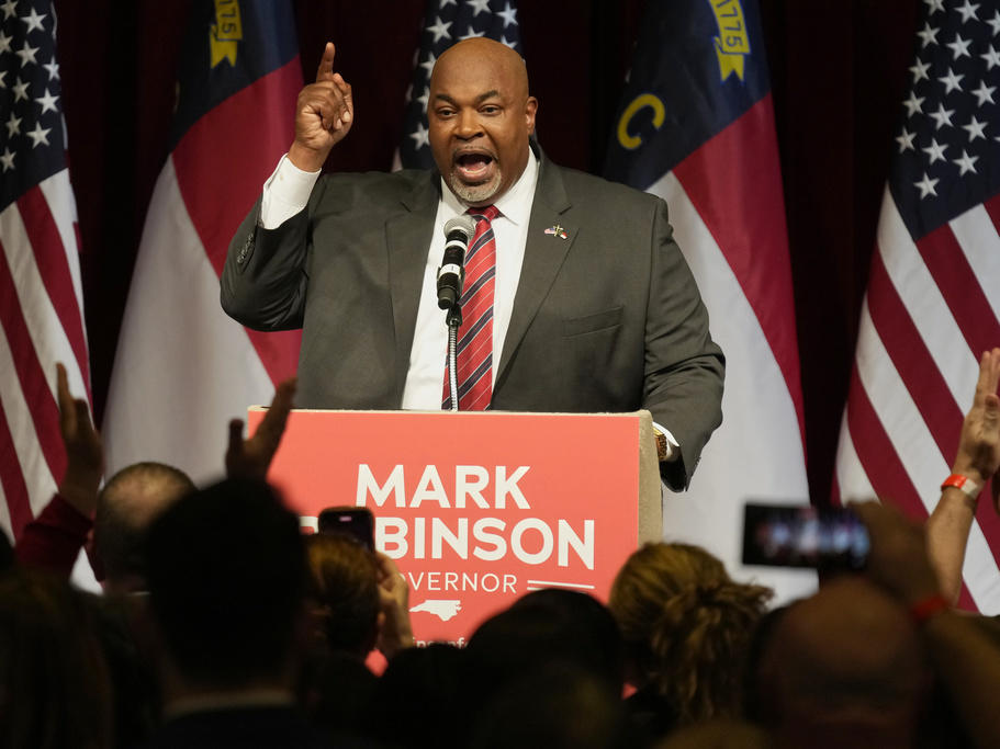 North Carolina Lt. Gov. Mark Robinson, Republican candidate for governor, speaks at an election night event in Greensboro, N.C., Tuesday, March 5, 2024.