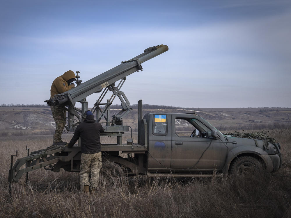 Ukrainian soldiers from The 56th Separate Motorized Infantry Mariupol Brigade prepare to fire a multiple launch rocket system based on a pickup truck towards Russian positions at the front line, near Bakhmut, Donetsk region, Ukraine, March 5, 2024.