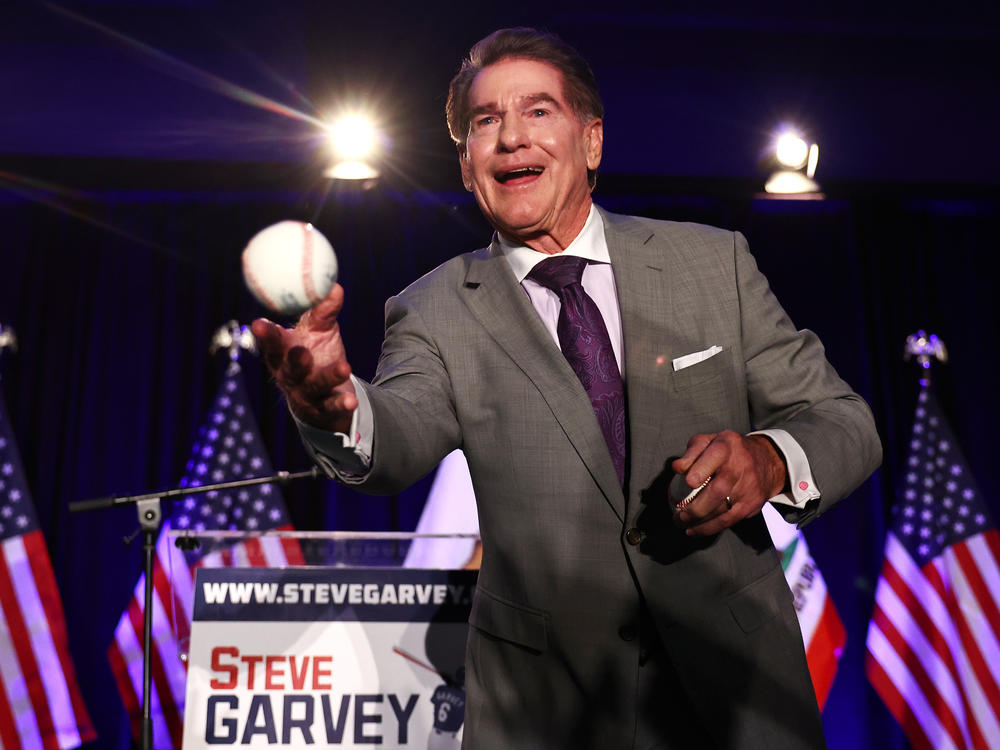 Republican Senate candidate Steve Garvey, a former Los Angeles Dodgers baseball player, tosses a baseball to supporters at his election night watch party on March 5 in Palm Desert, Calif.